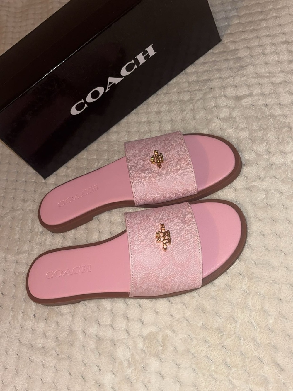 Coach Pink Slide Sandals with Gold Logo Accent - Picture 3 of 3